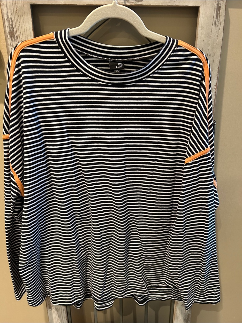 Lisa Bayne Blue & White Striped Long Sleeve Tee with Orange Trim